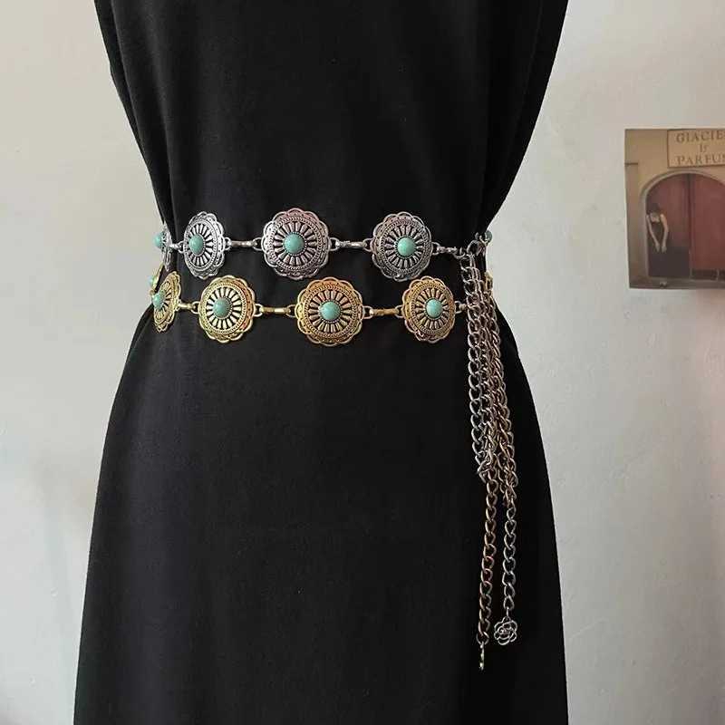 Western Concho turquoise belt suitable for Wenbo River adjustable silver stone chain belt gold belt denim dress jeans X250410