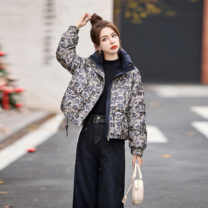 Women's down jacket winter new item women's 90 white duck down jacquard stand up collar fashionable warm designer jacket