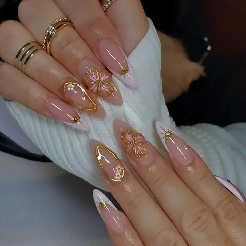 24 Simple French Fake Nails with Almond Head Design Detachable 3D Irregular Star Pattern Tool for Manipulating Fake Nails W250410