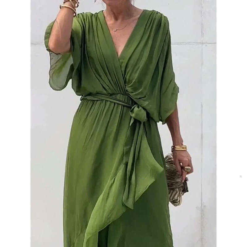 2025 New European and American Women's Fashion Cross-Border Amazon Solid Color Tie Long Batwing Sleeve Irregular Dress Plus Size