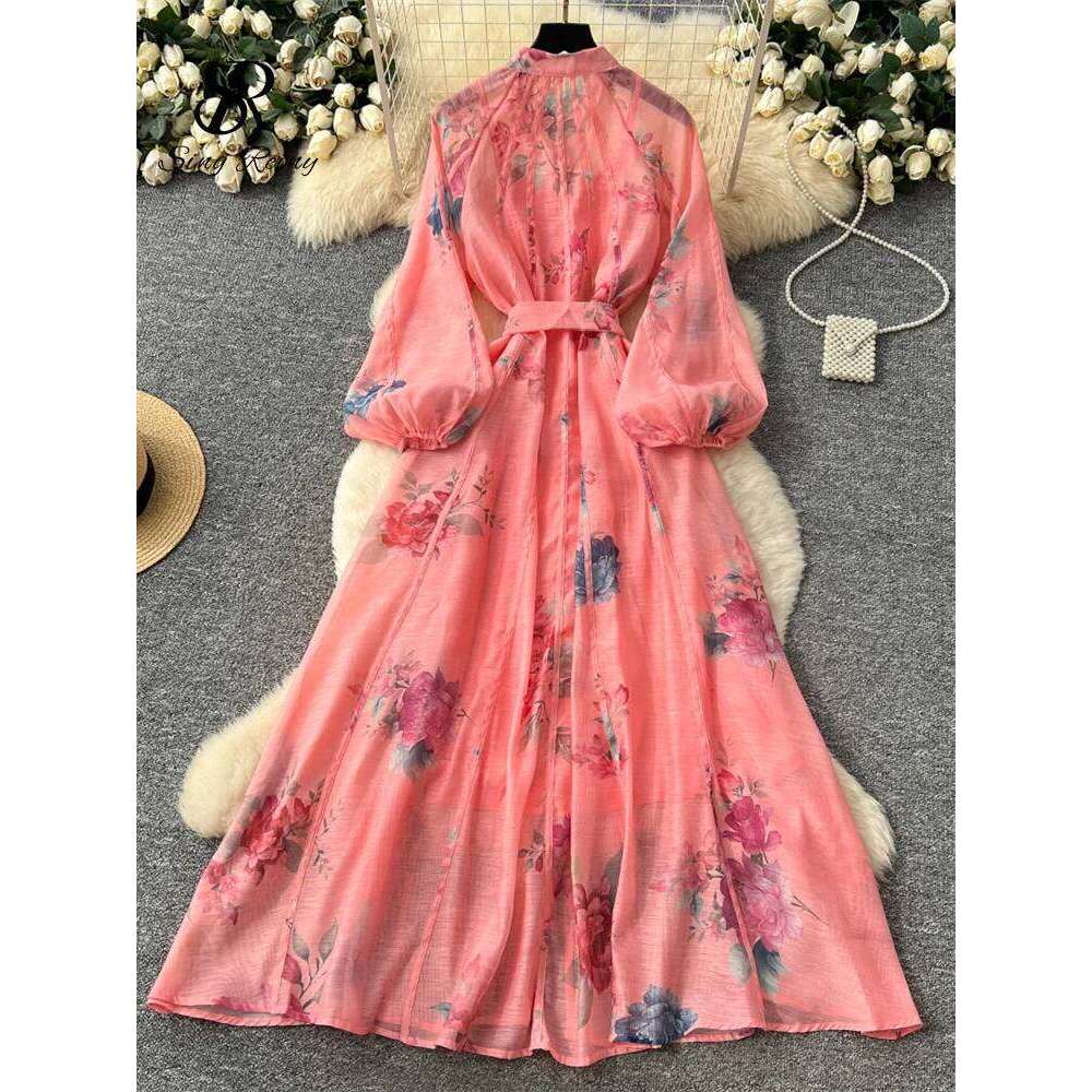 SINGREINY French Style Court Floral Maxi Lantern Sleeve Belt Slim High Quality 2025 Autumn Fashion Luxury Party Dresses