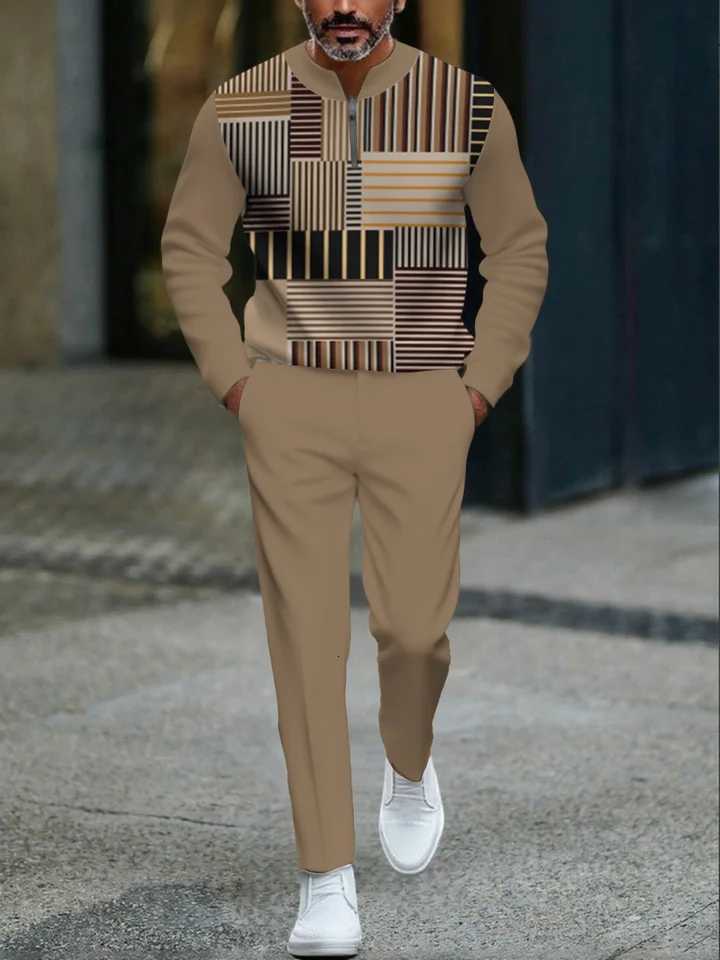 Mens Cross-Border Casual Two-Piece Set Stand Collar Half-Open Placket Top Pants Comfortable Breathable Perfect for Sports W251110