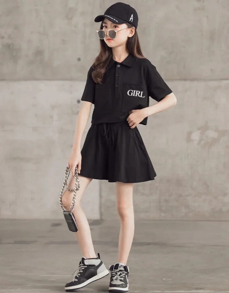 Summer girls leisure sports childrens girls aged 4-16 childrens clothing youth track and field clothes girls two-piece polo shirts shorts 250409