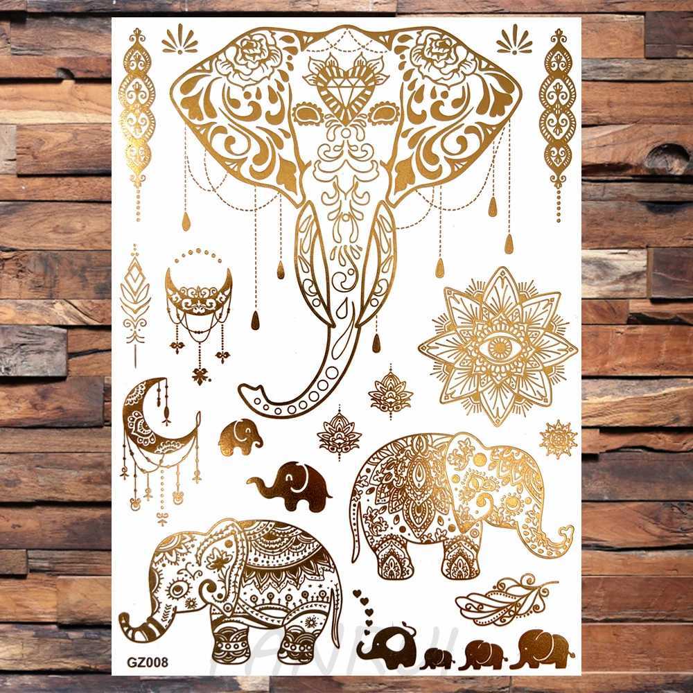 Real Elephant Moon Temporary Tattoo Female Fake Butterfly Lace Mandala Tattoo Sticker Gold Waterproof Chest Tattoo W250410