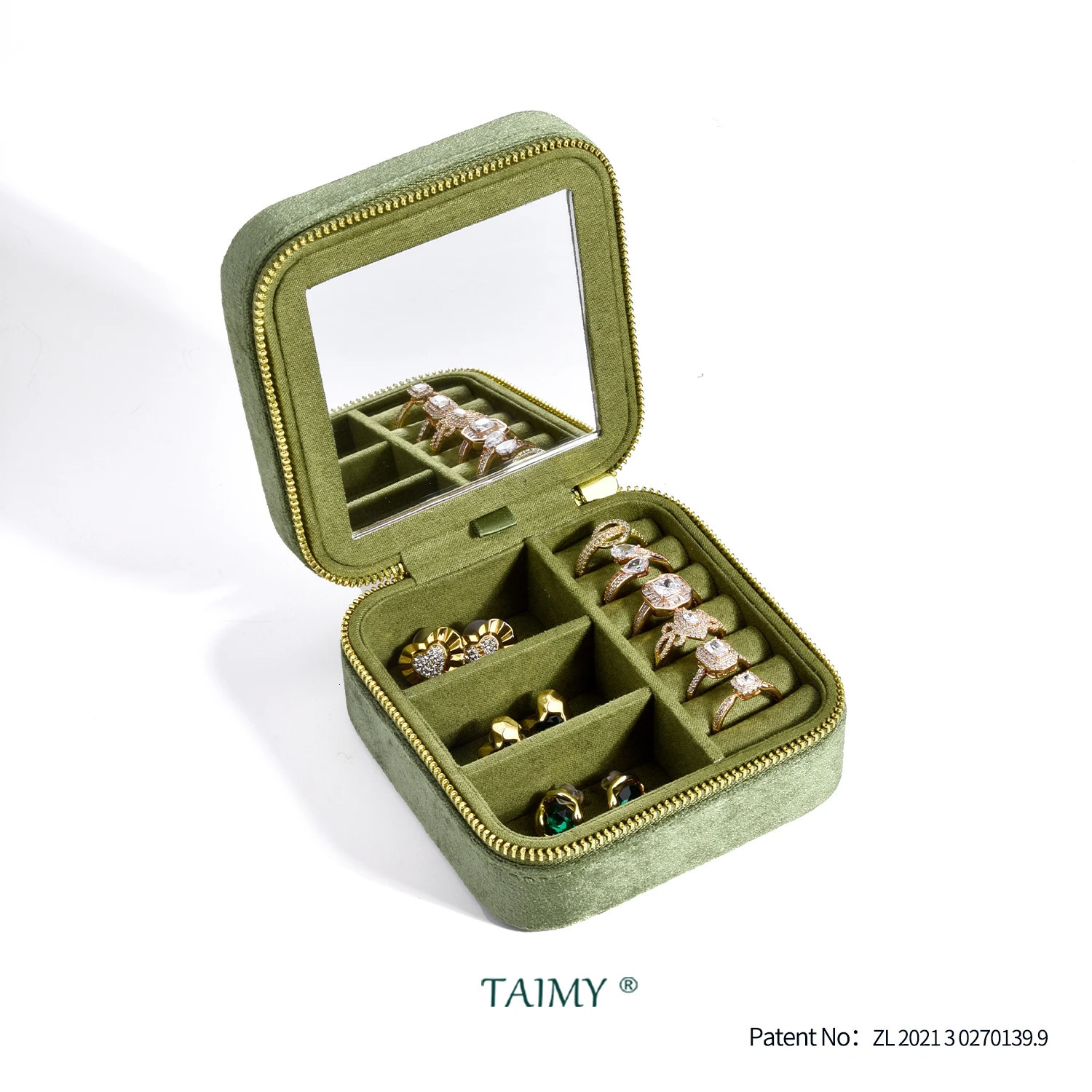 TAIMY Vintage Velvet Travel Jewelry Storage Ring Box Flip with Mirror Organizer Support Custom Retro Green Jewelry Box 250409