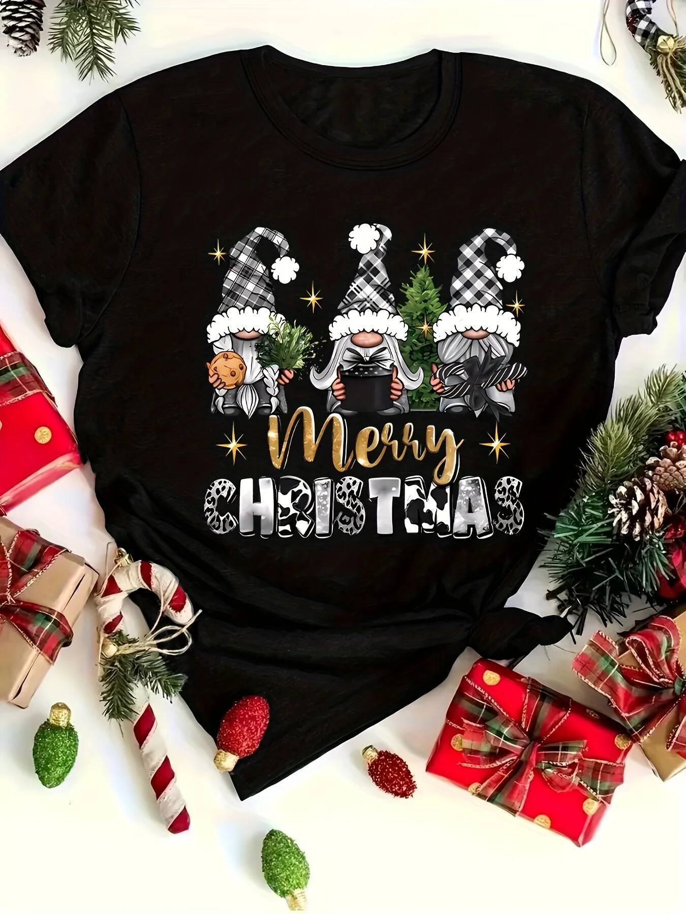 Ddmytues Christmas Women's Red T-Shirt Merry Lettering Black T-Shirt Top With White Gnome Women