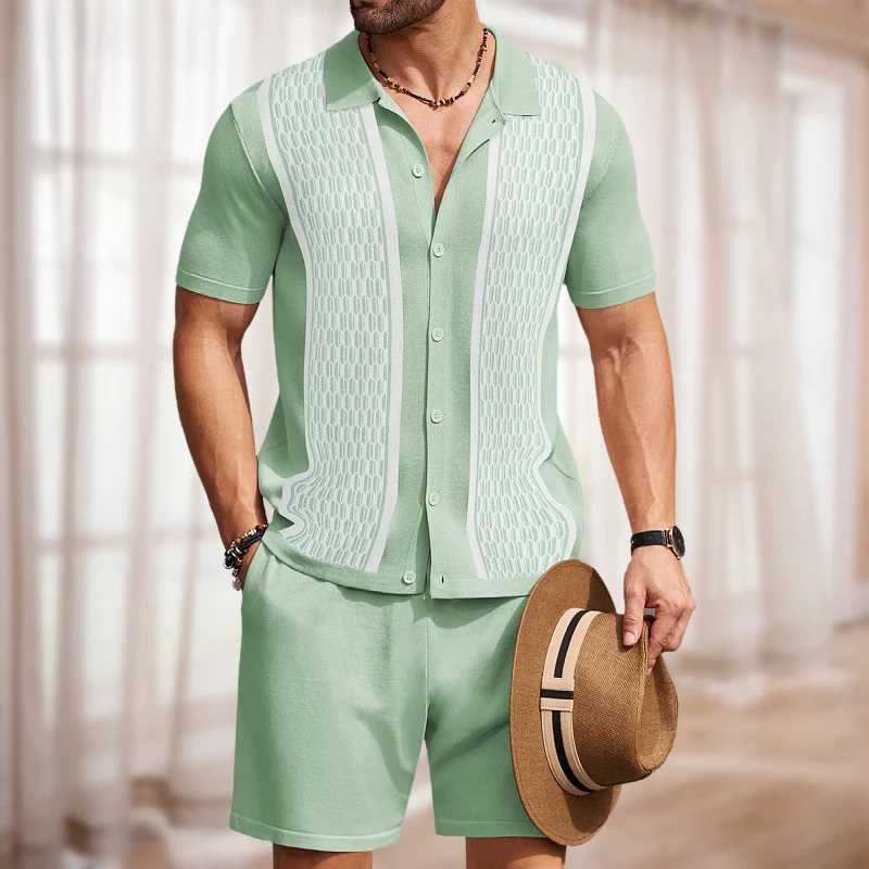 Summer mens luxury knitted track set casual short sleeved solid color shirt+shorts 2-piece popular knitted set X250410