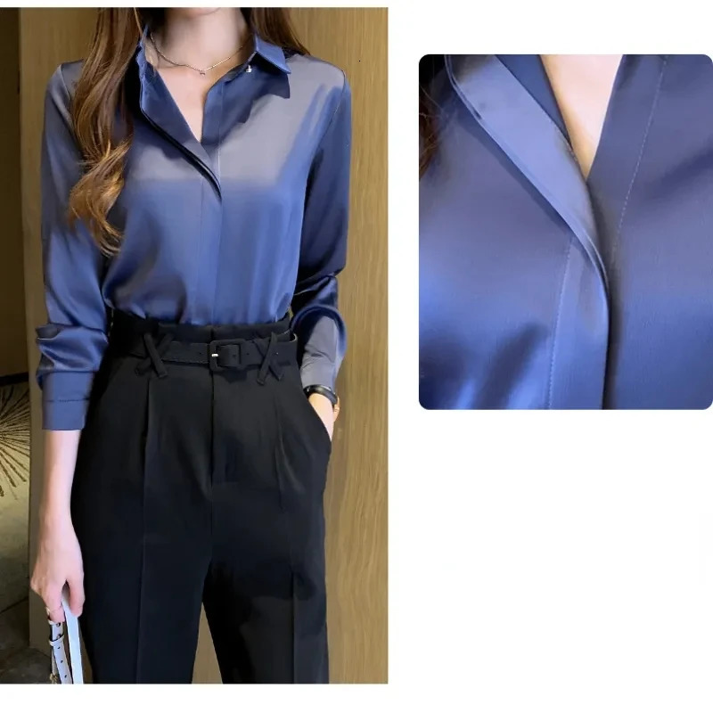 Satin womens retro long sleeved shirt womens silk elegant womens top decoration white shirt autumn womens clothing 250409