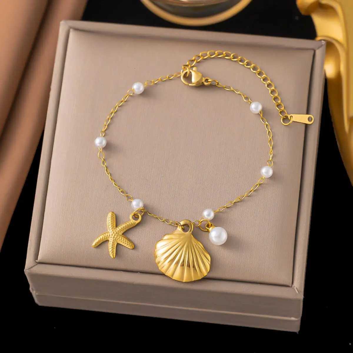 Stainless Steel Shell Pearl Starfish Drop Chain Bracelet Bangle for Women High Quality Jewelry Ocean Style Summer AccessoriesT251110