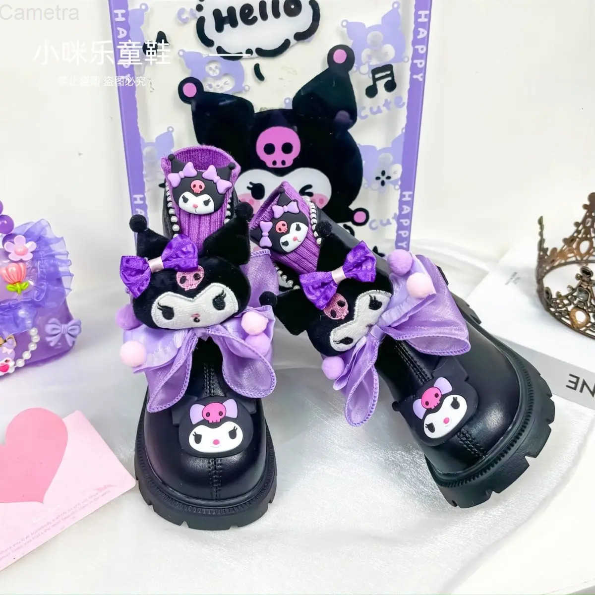 Sanrio Winter Kuromi Anime Ins Kawaii Children Leather Boots Autumn Winter Cute Cartoon Fleece Waterproof Warm Cotton Shoes Gift H251110