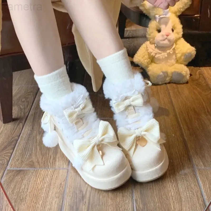 Sanrio Lovely Girls Lolita Winter Warm Snow BootsStudents Sweet Plush Bowknots PU Leather Lace Up Heightening Mid-Calf Platform Shoes H251110