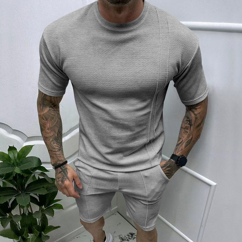 Tem summer mens casual slim fit sports top and shorts set
