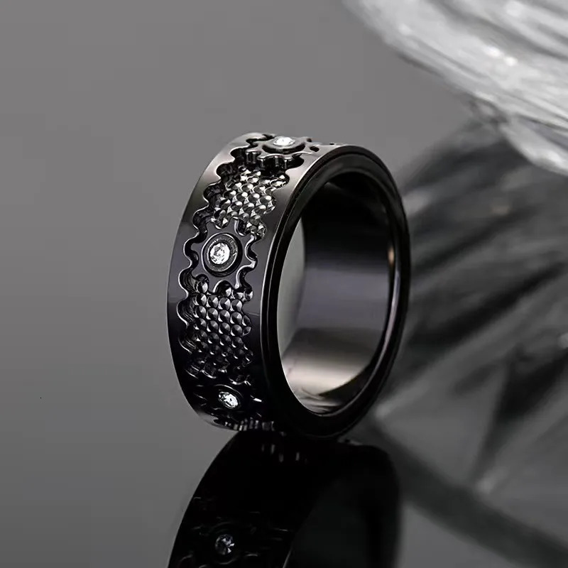 Zircon Inlaid Stainless Steel Gear Ring Creative Double Layer Rotatable Men and Women Party Decor Fashion Jewelry Finger Rings 251110