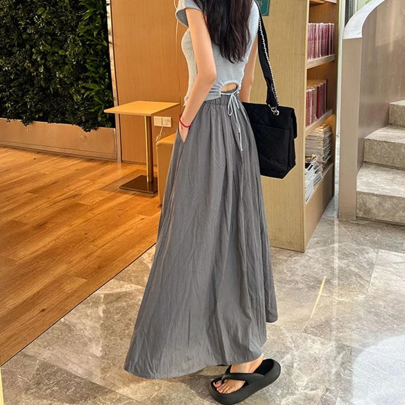 Summer Womens Fashion Ruched Skirts High Waist Casual Chiffon Dress for Girls Almond Black Pink Grey SizeSXXL 250410