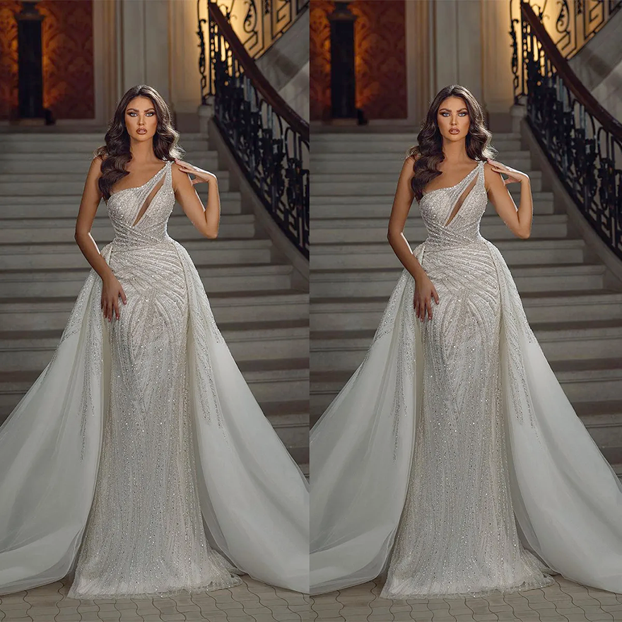Sparkly Beads Mermaid Wedding Dress Sexy One Shoulder Sequins Saudi Arabic Sweep Train Bridal Gowns