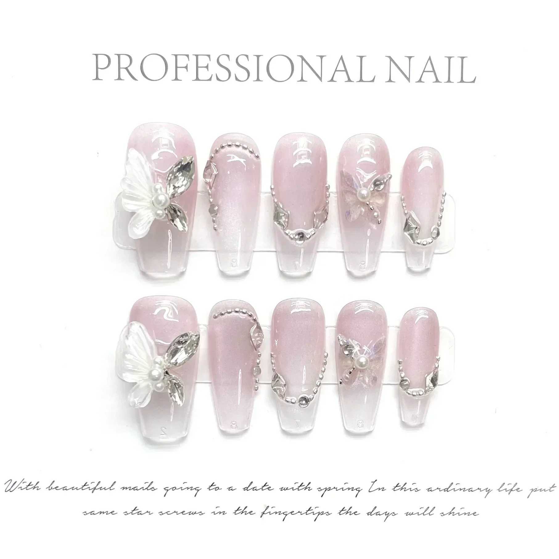 0Pcs Blue Handmade Acrylic Nail Set Pressure Machine Professional Full Set Nail Tip Manual Operation Angel Rose Design Wearable Fake Nails W250410