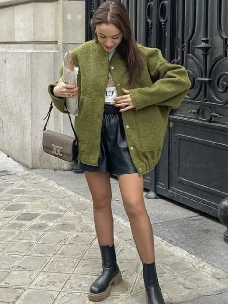 Womens Pocket Decorative Hidden Button Loose Versatile Oversized Bomber Jacket Round Neck Long Sleeve Casual Top Coats 251110