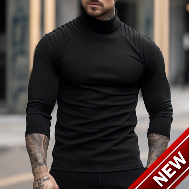 2023 new mens solid color slim fit high neck long sleeved T-shirt with personalized and fashionable pleats and shoulder sleeves
