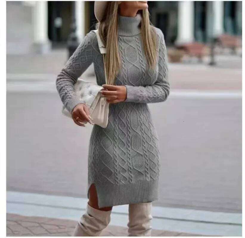 2024 Autumn Winter New Women's Wrap Hip Skirt High Neck Warm And Thickened Elegant Knitted Sweater Long Sleeve Dress