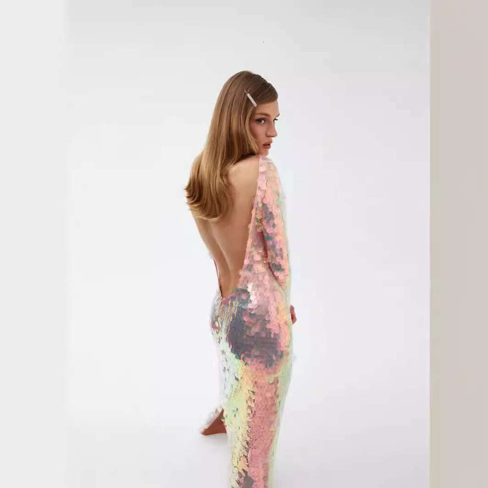 2025 Summer New Fashion Elegant Sexy Backless Mesh Sequin Sleeve Long Night club maxi dress SEXY DRESSES FOR WOMEN