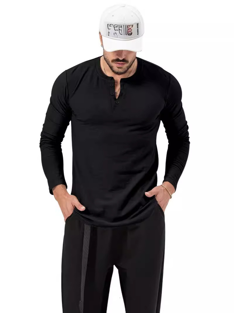 2024 Spring and Autumn Clothing Mens T-shirt Henley Shirt Long Sleeve Mens Bottom Shirt Mens