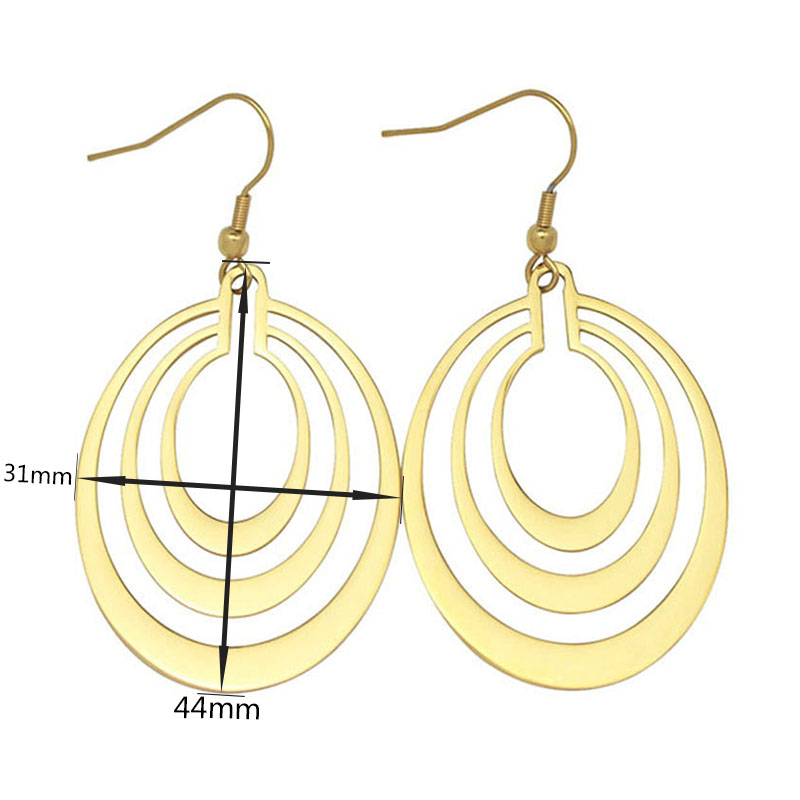 3 Layer Hollow Oval Shaped Big Gold-color Stainless Steel Dangle Drop Earrings For Women Free Shipping