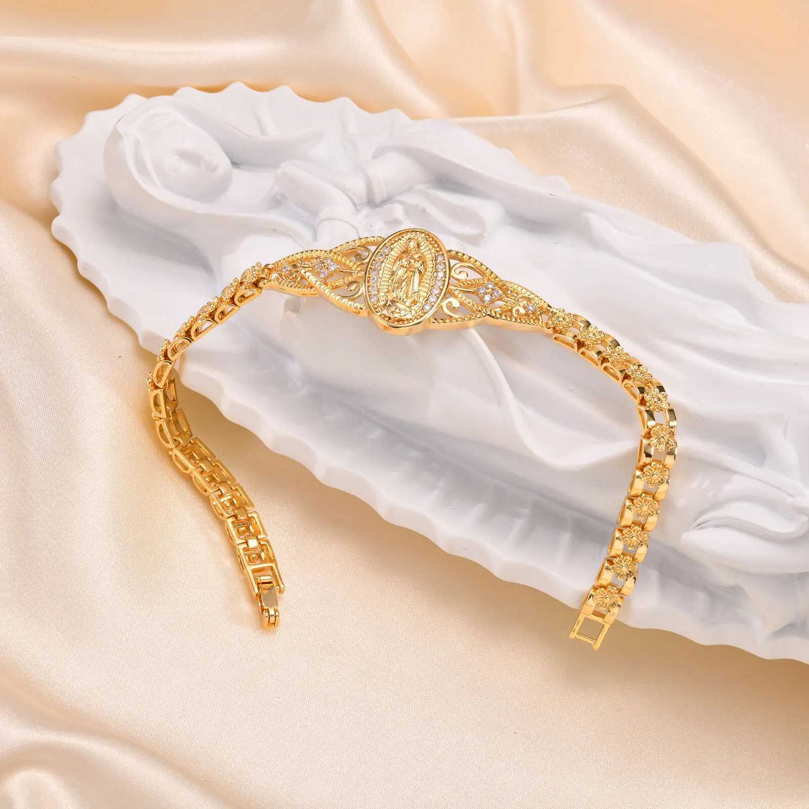 Vnox Catholic Bracelet for Women14k Gold Plated BraceletDainty Cubic Zirconia Religious Baptism Virgin Mary Bracelets GiftsT251110