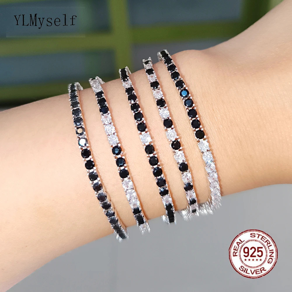 m S925 Silver Tennis Bracelet Pave Black Mix White Cubic Zircon 16-21CM Hiphop Rock Solid Fine Jewelry For Women/Men 250408