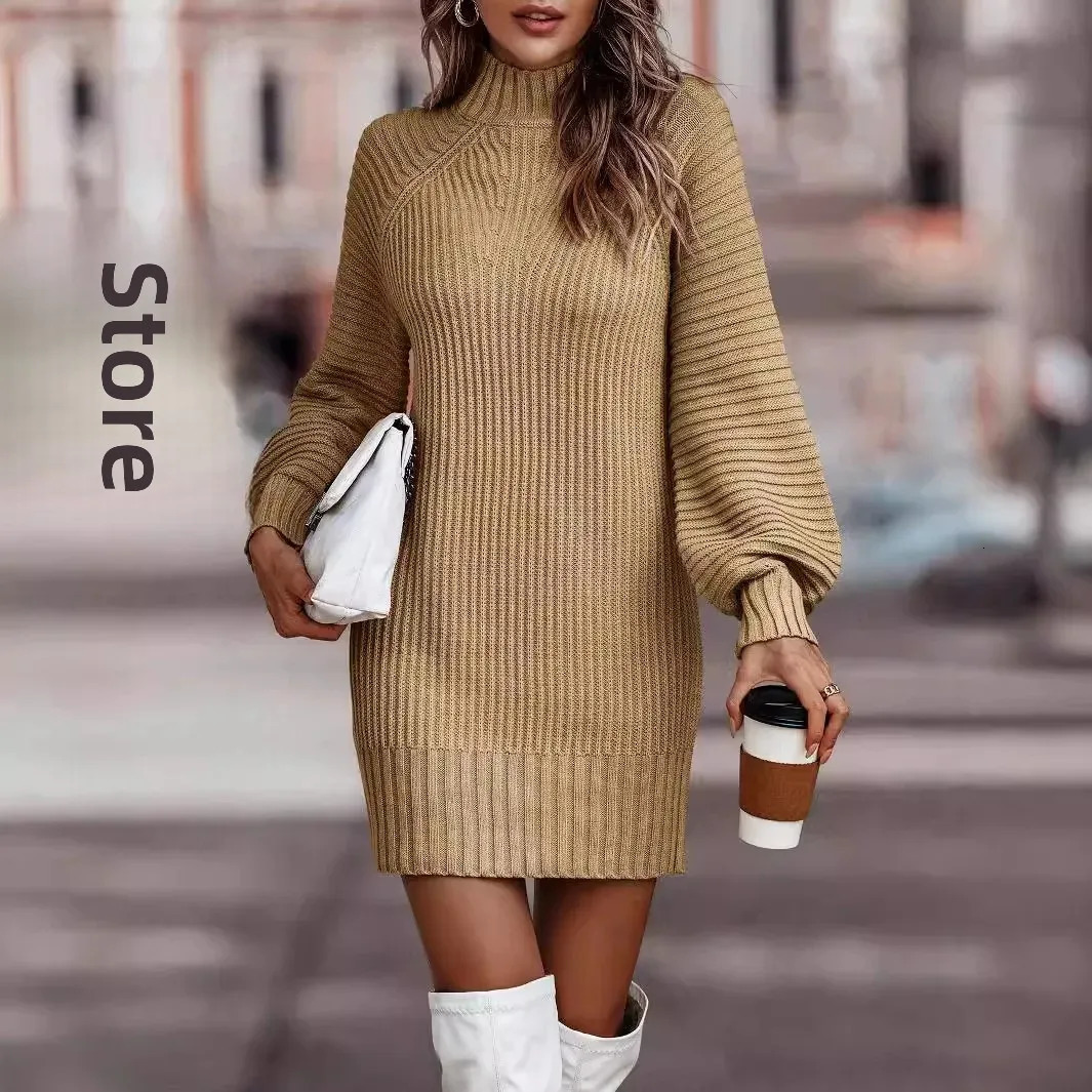 High Neck Long Sleeve Womens Knitted Dress Sweater Autumn Winter Style CrossBorder Fashion Elegant Classy Female Garment 251110