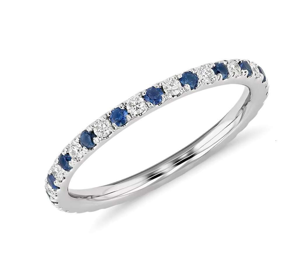 Hand Made Pave Blue VVS Moissanite Diamond Eternity 14k Gold Ring