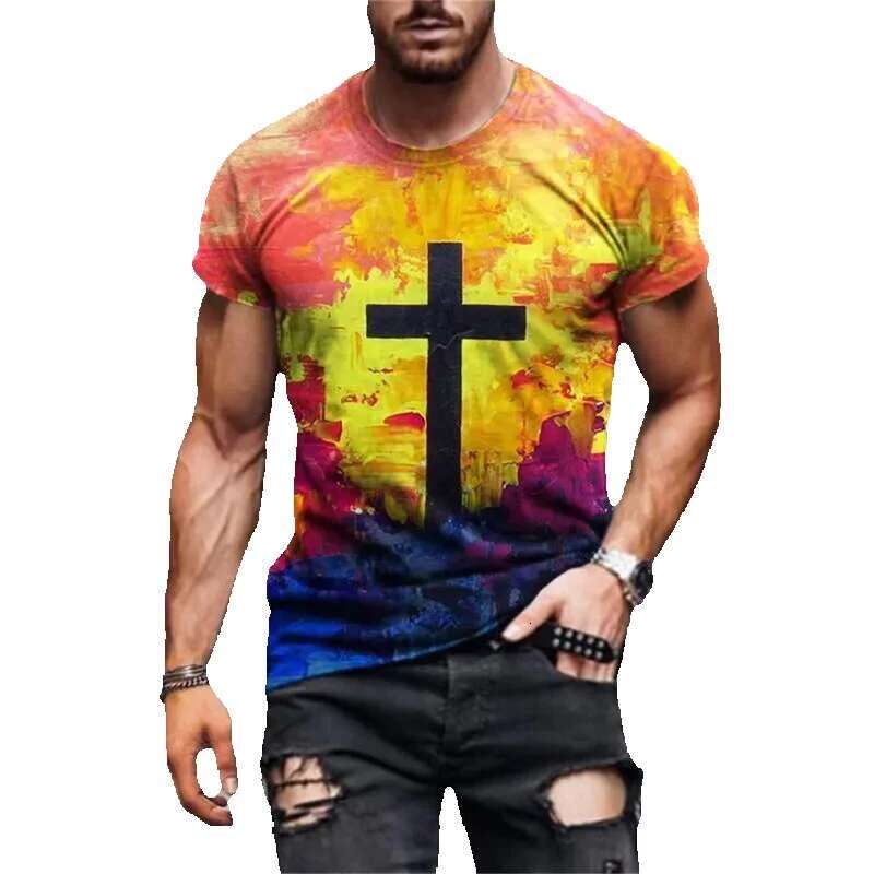 Men's short sleeved T-shirt, casual streetwear, fully printed, vibrant Christian cross, brand new