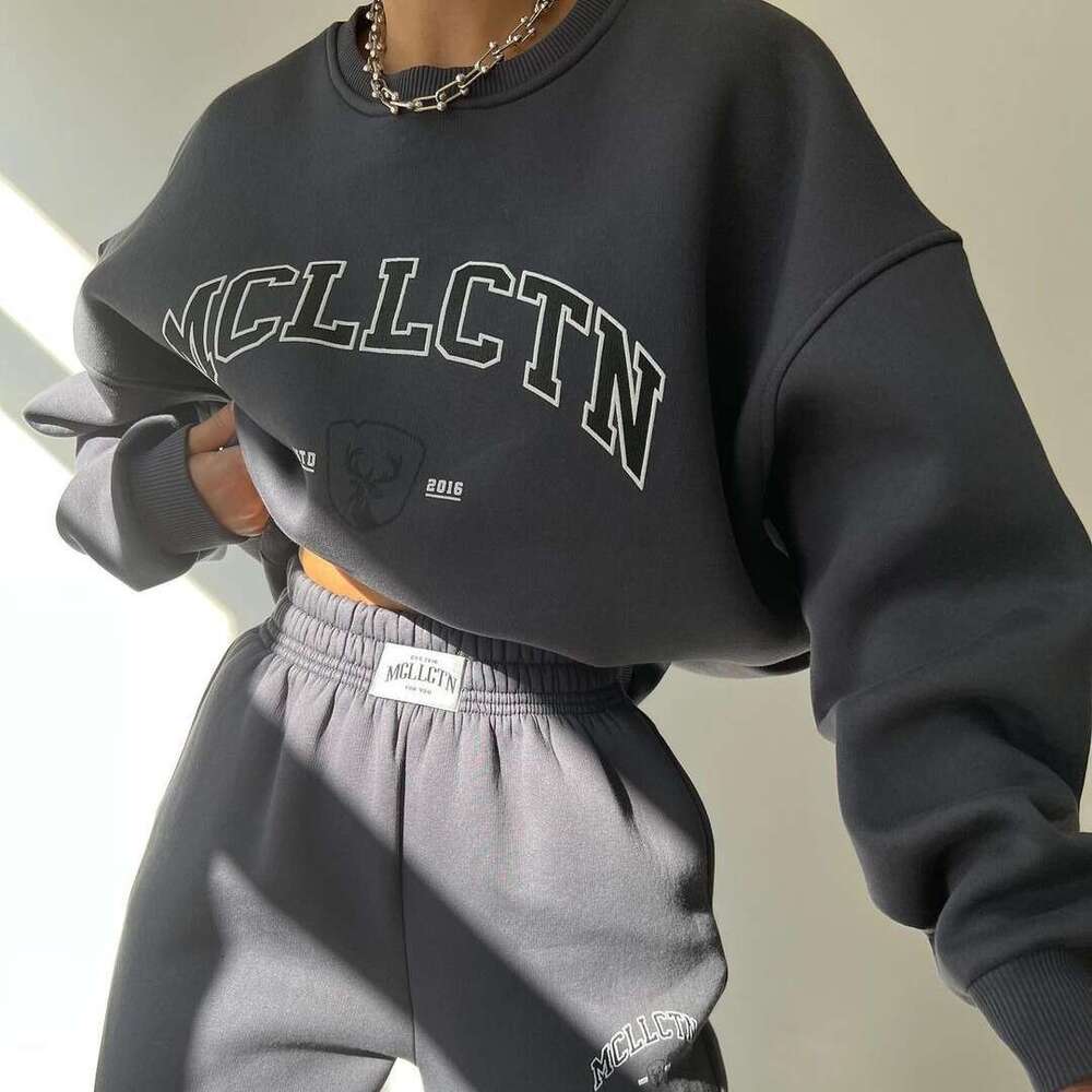 2024 European and American women's casual fashion printed thick suit with fleece hoodie long sleeved pants set