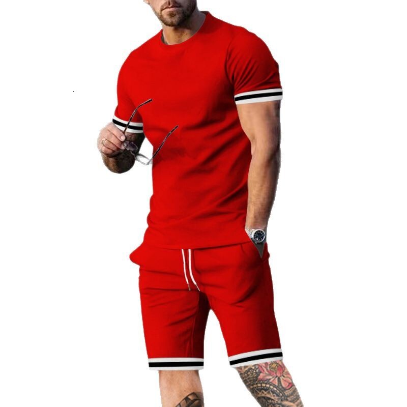 Summer mens short sleeved T-shirt round neck set sports mens casual short sleeved shorts