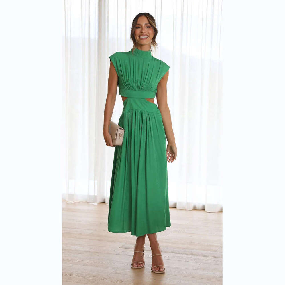 2023 European and American Foreign Trade Sweet Fashion Street Summer New Stand Collar Solid Color Waist-Exposing Long Dress 23003