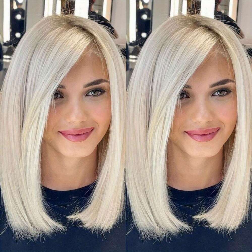 Glueless Human #60 White Platinum Wig HD 13X4 Lace Front Wigs For Women 12 Inch Silky Straight Blonde Bob Hair Pre Plucked And Bleached Knots
