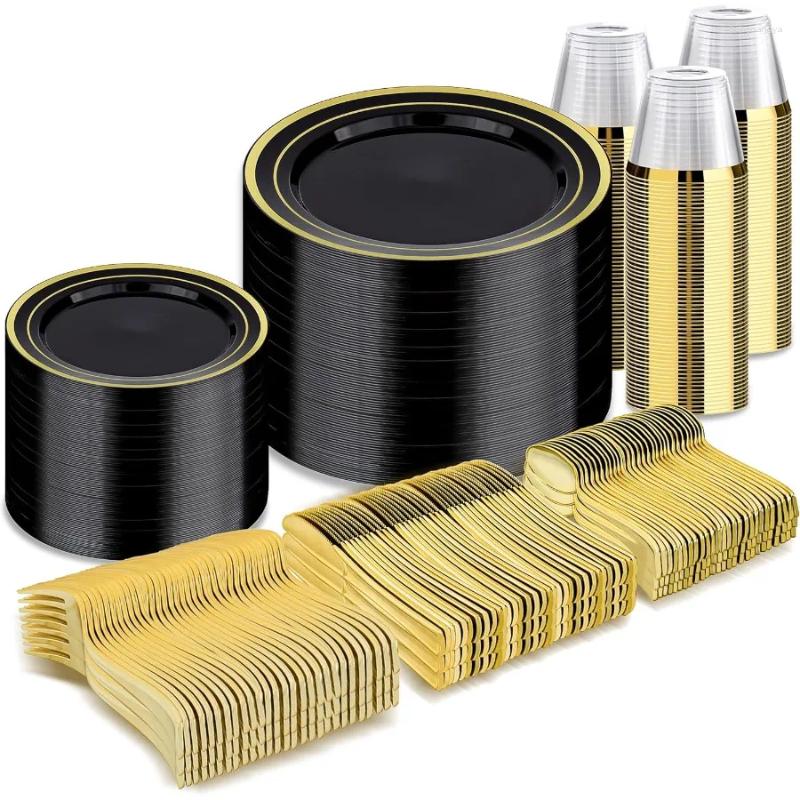 Plates Black Gold Dinnerware Set For 25 Guests Plastic Halloween Party And Christmas Disposable Dess