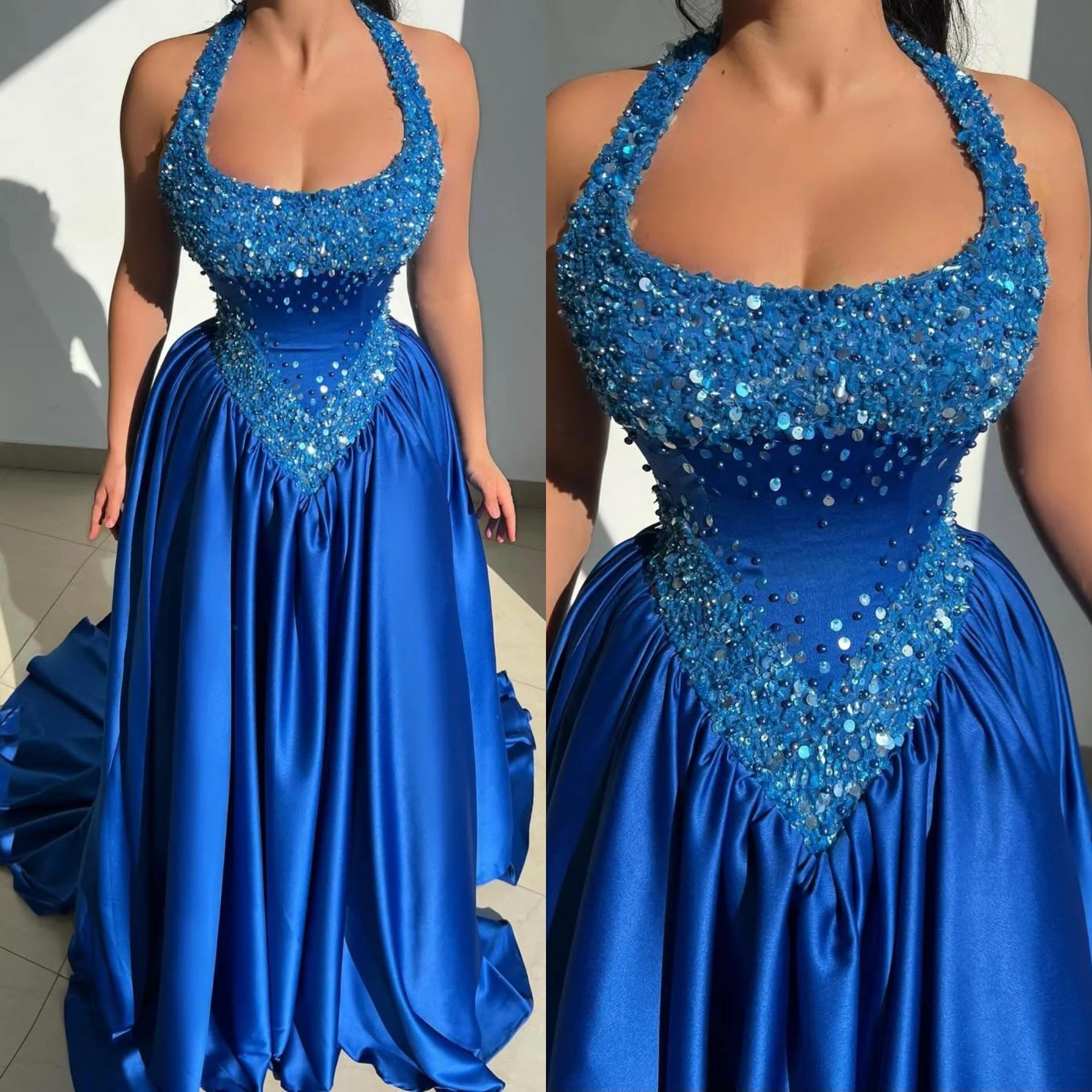 Fashion Evening Dresses For Women Beaded Sequins Gown Halter Neck Sleeveless Sweep Train Dress Party Custom Made