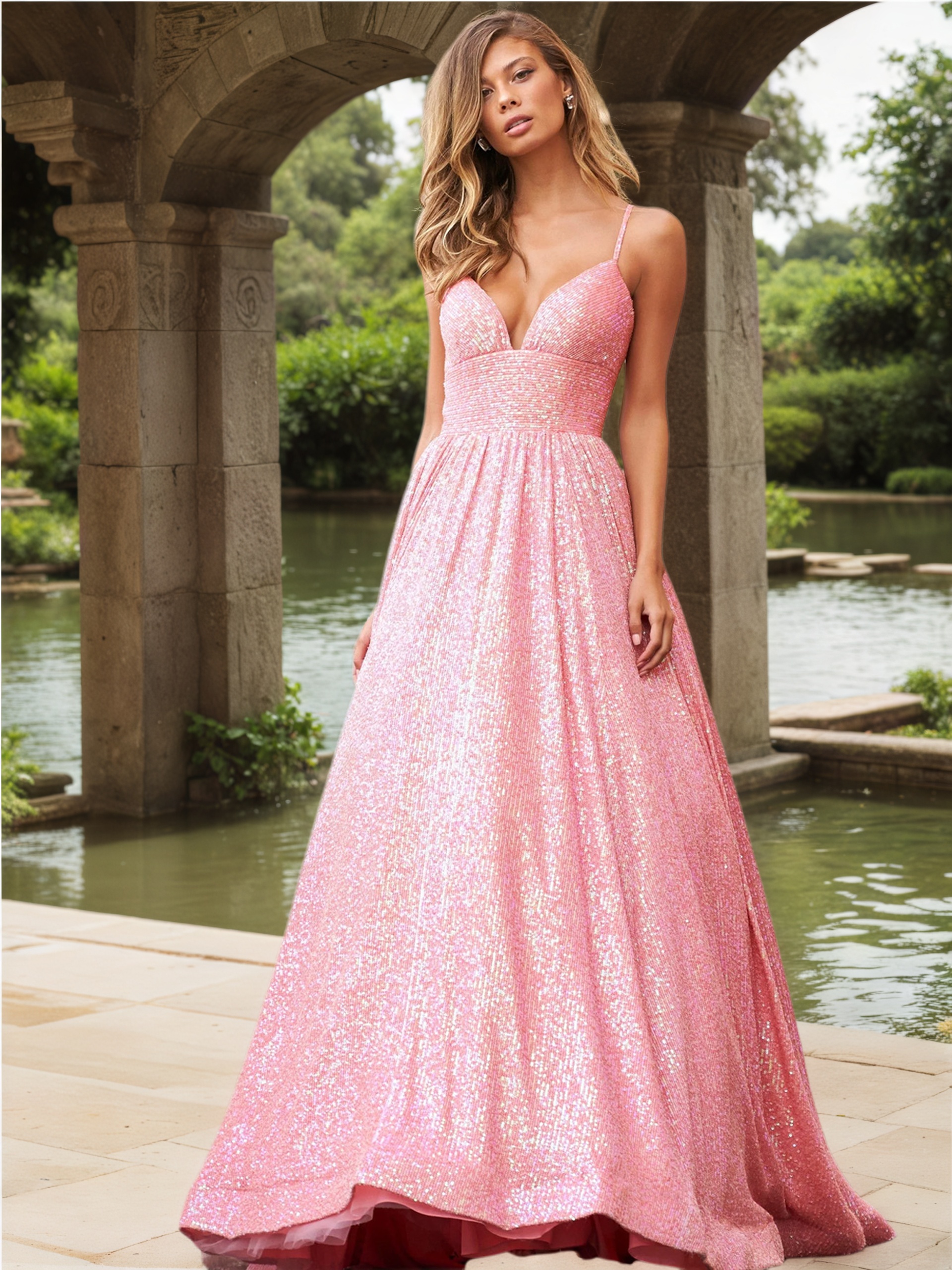 Women's Glamorous Sequin Evening Gown, Open Back Lace-Up Tiered Prom Dress--D322