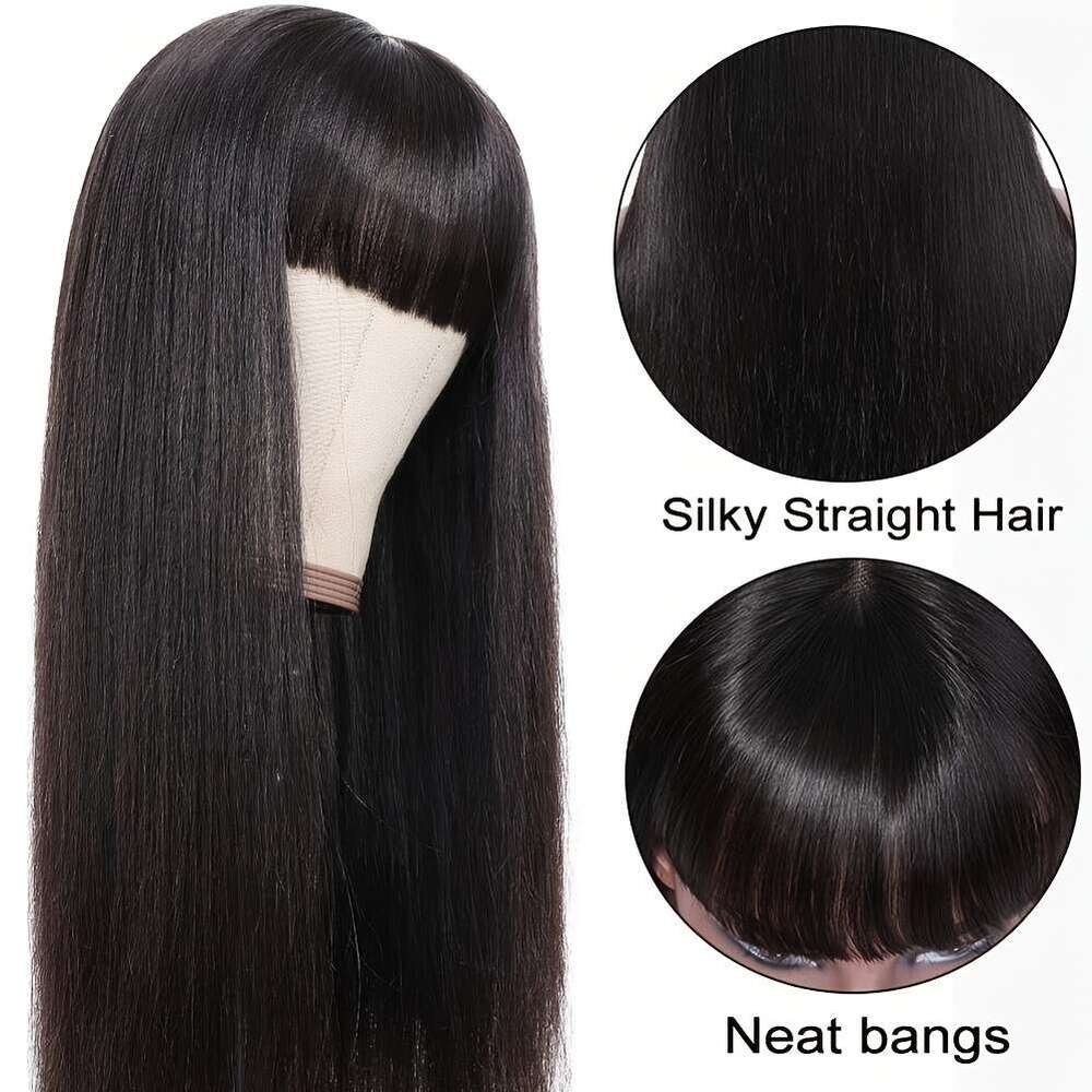 Sliky Straight With Bangs None Lace Front Unprocessed Virgin Human Hair Wigs Hine Made Glueless Wig Full Density Halloween Thanksgiving Christmas Vale
