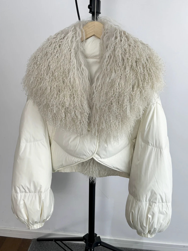 y Winter Natural Big Mongolian Sheep Fur Coat Women Short Feather Puffer Parka 90 White Duck Down Waterproof Jacket 251110