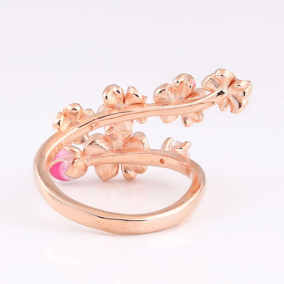 S925 Silver Rose Enamel Peach Blossom With Crystal Ring For Women Wedding Party Gift fit Lady Fine Jewelry 251103
