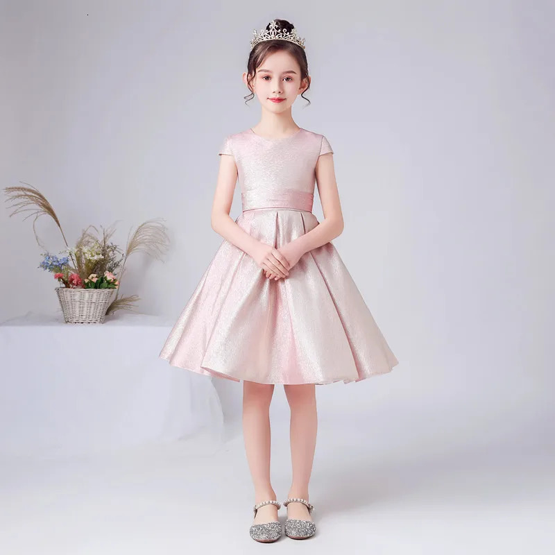 Customized Pink Shiny Satin Flower Girl Dress Short Wedding Birthday Party Dress Girl Princess Formal Peggy Dress Bow 250403