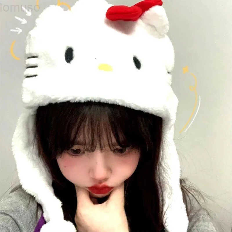 Sanrio Kawaii KT Cat Plush Cap Cute Cartoon Hello Kitty Pullover Hat Thickened Warm Ear Protection Riding Hat For Girl Gifts H251110