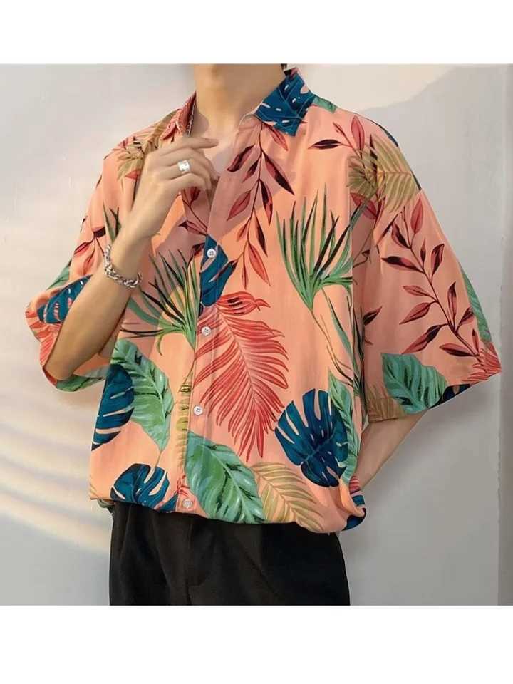 Hawaiian mens summer casual fashion loose short sleeved button up collar shirt beach palm beach printed loose top X250410