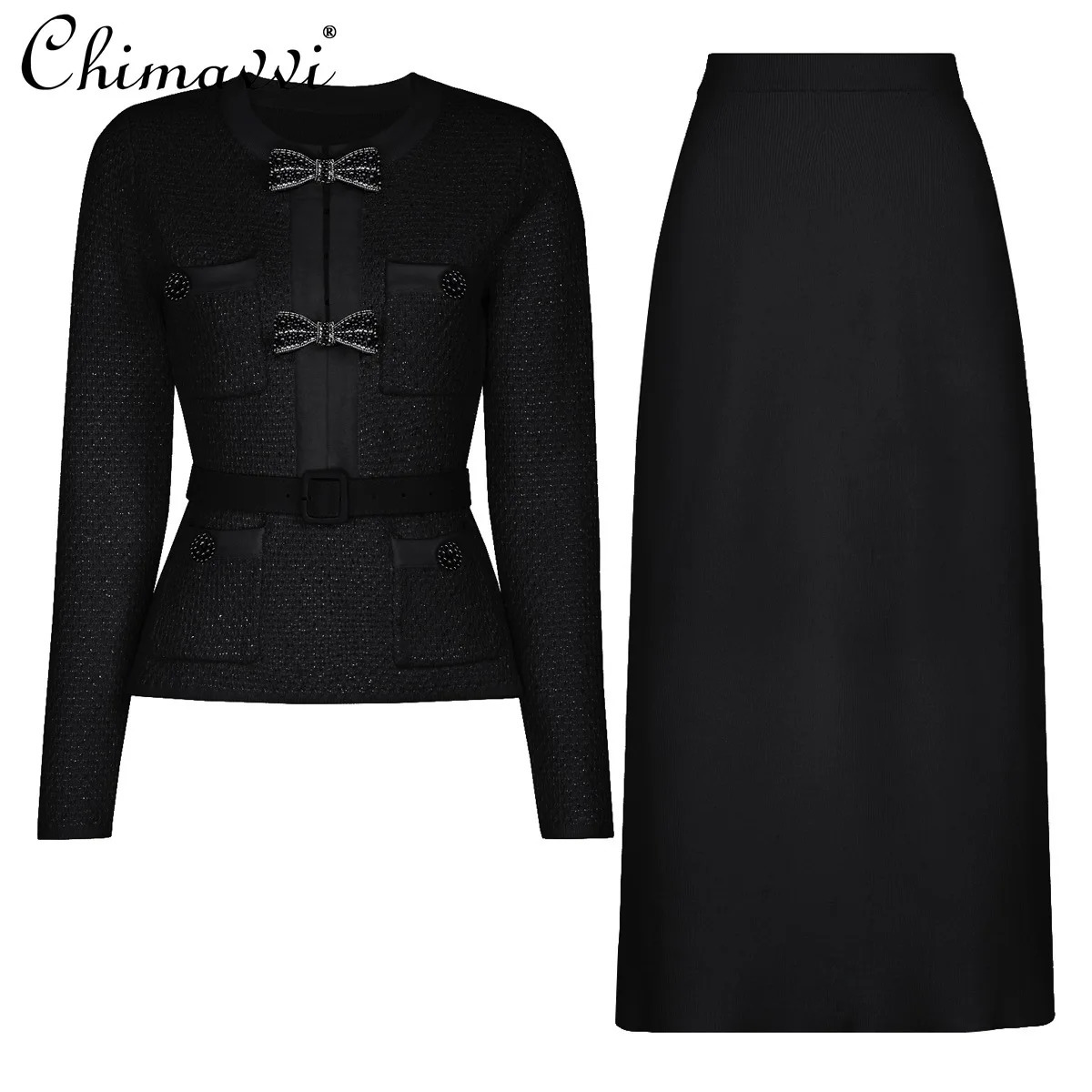 Autumn Clothes Heavy Bow Beaded Slimming Long Sleeve Knitted Top Skirt Set Elegant Black Women TwoPiece 251110