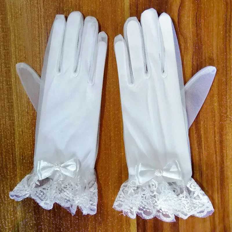 Ivory Short Fingerless Tulle Bridal Gloves with Pearl Accent Lace Cuff Perfect for Summer Weddings L251110