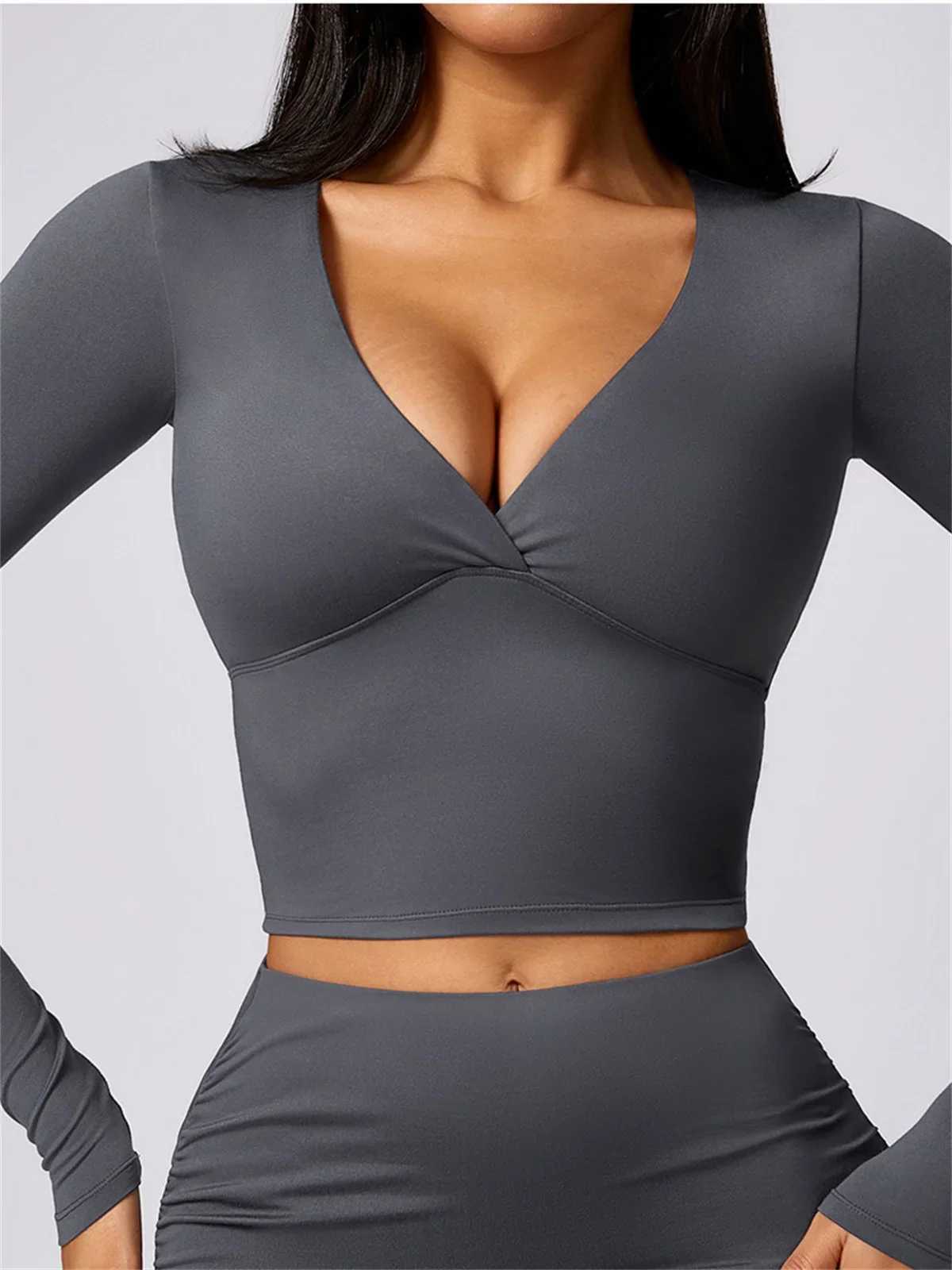 Yoga shirt womens black gray V-neck long sleeved mat gym top sexy weight loss breathable exercise T-shirt sportswearXJ250410