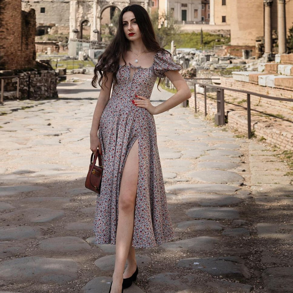 2025 New Fashion Bubble Sleeve Fragmented Flower Lace up High Split Long Women's Dress Summer