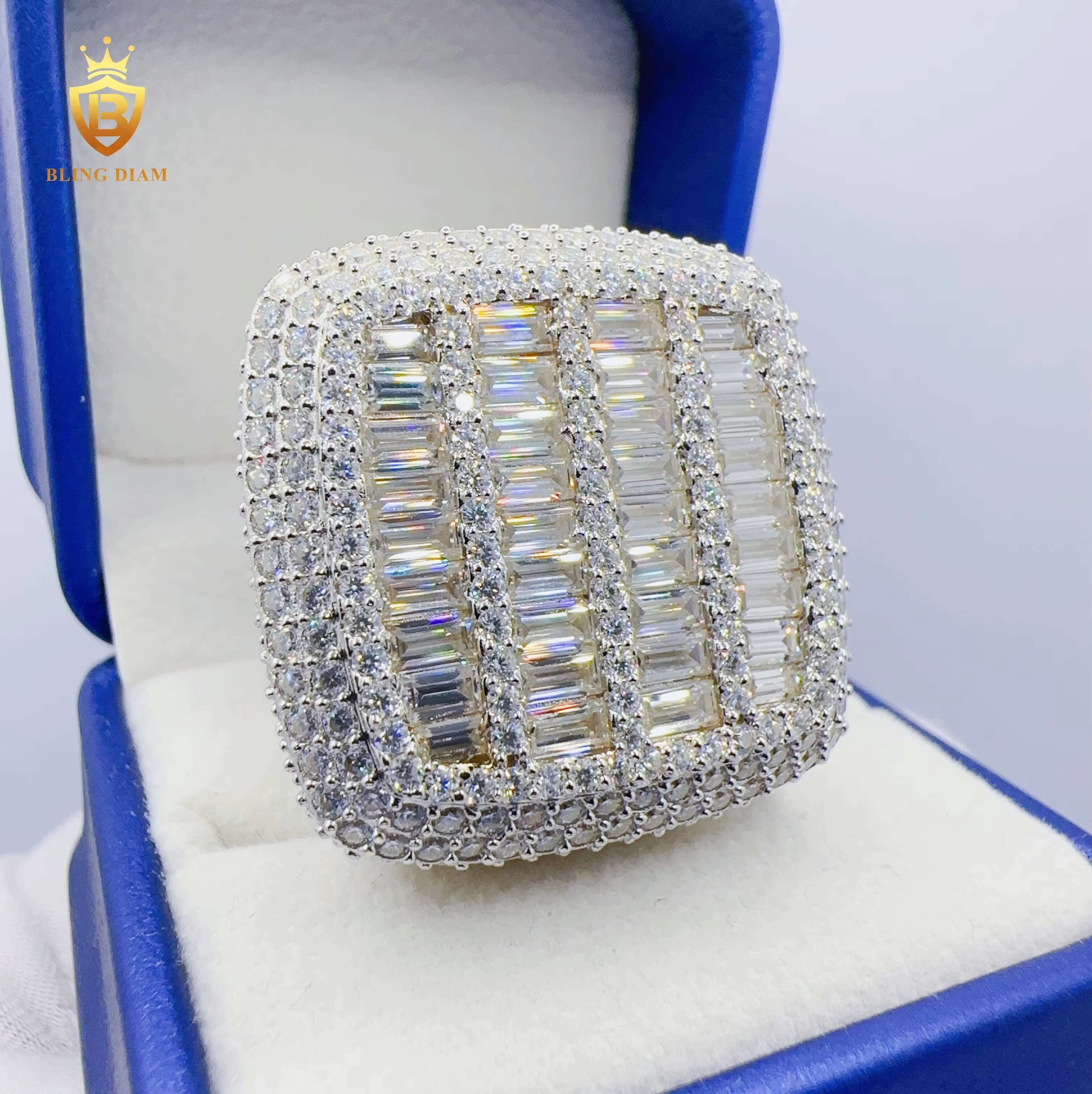 Custom Hip Hop Jewelry VVS Moissanite Big Square Design Hip Hop Ring 925 Sterling Sliver Fashion Ring