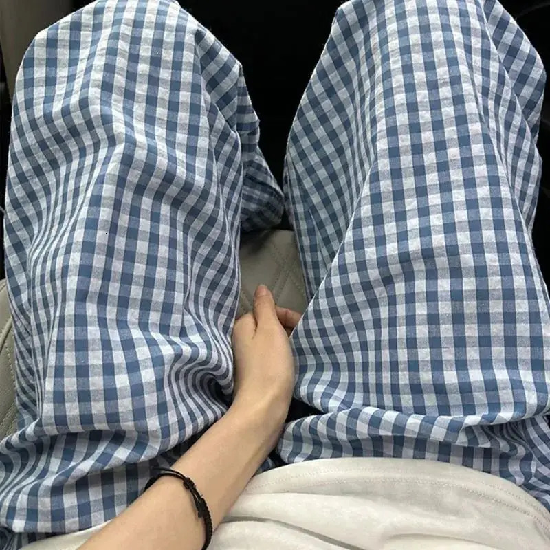Deeptown Vintage Y2k Plaid Womens Casual Pants Harajuku Oversized Korean Fashion Trousers Baggy Summer Wide Leg Slacks Thin 250409